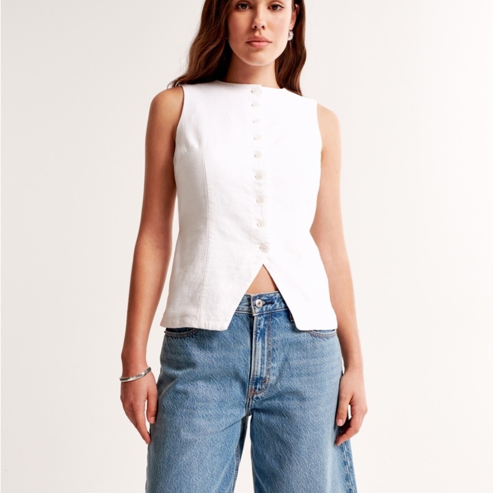 White linen blend Button-Down Sleeveless vest Rachel Zoe